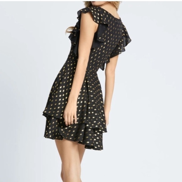IEENA FOR MAC DUGGAL Ruffle Polka Dot Mini Dress Black Gold Size 4 NEW - Picture 5 of 16